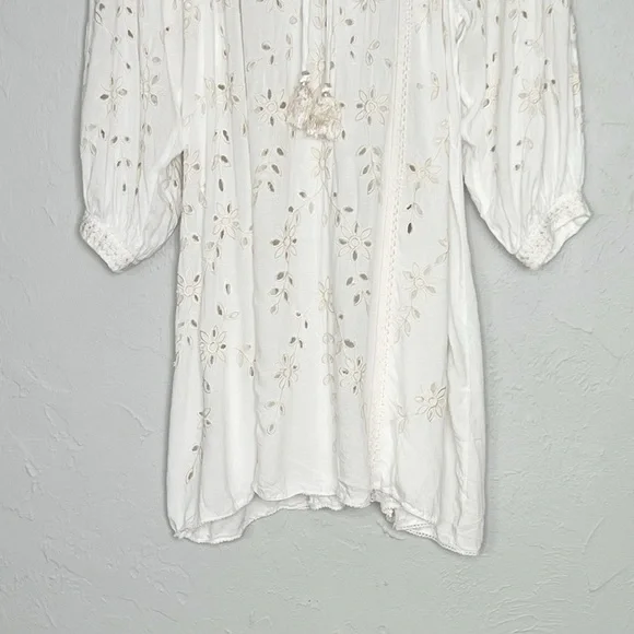 Sundance Trisha Eyelet White Fringe Trim V-Neck Tassel Tie CoverUp Dress Medium - Picture 4 of 11